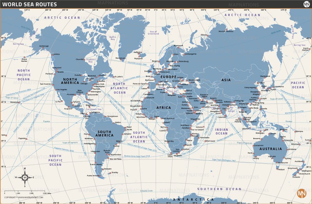 World Maritime Routes Map: Major Global Shipping Lanes and Ports